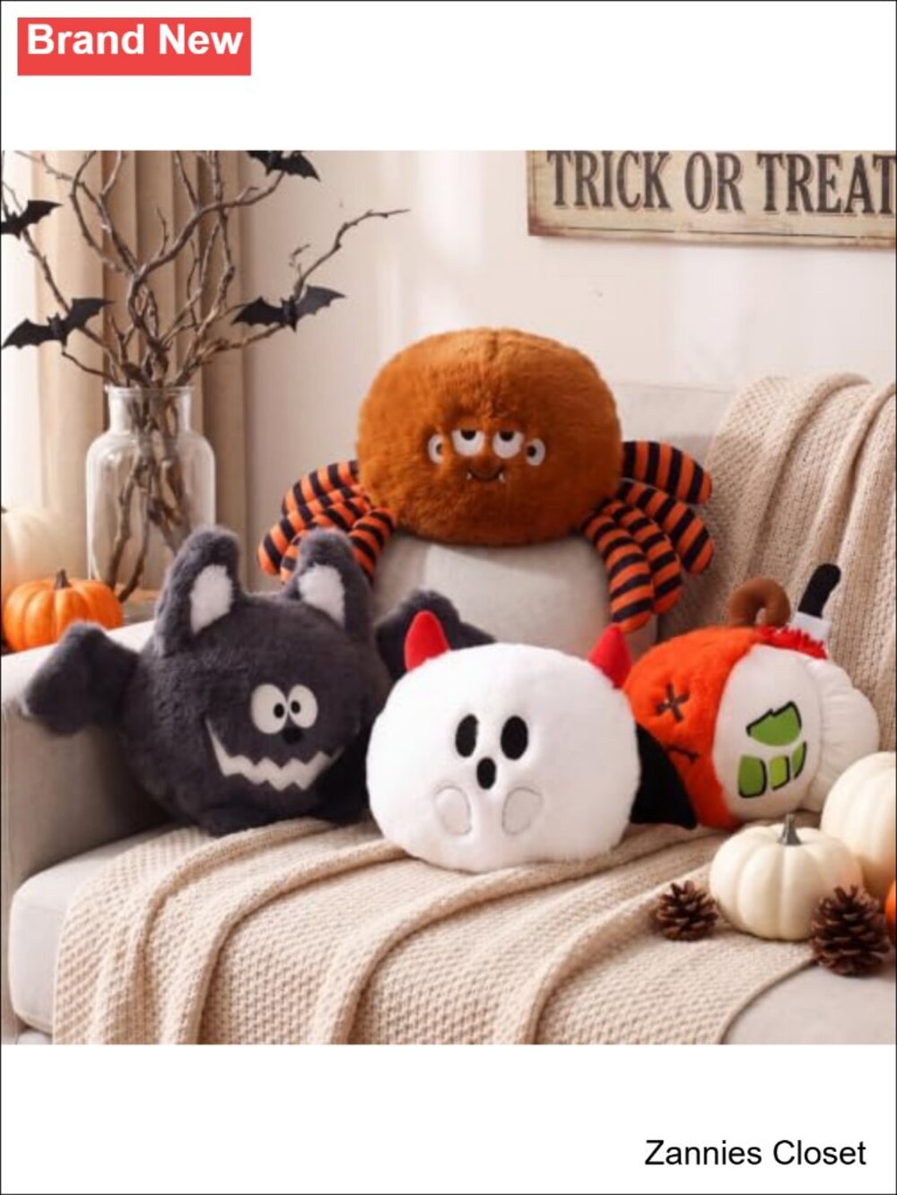 👻 4 Pack Large Halloween Spider Bat Ghost Pumpkin Stuffed Animal Plush Toy Set